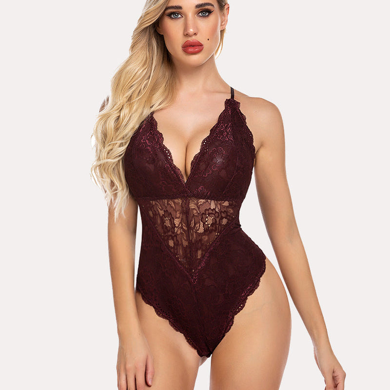 Burgundy lace bodysuit with deep V-neck and adjustable straps. Avidlove sexy lingerie.