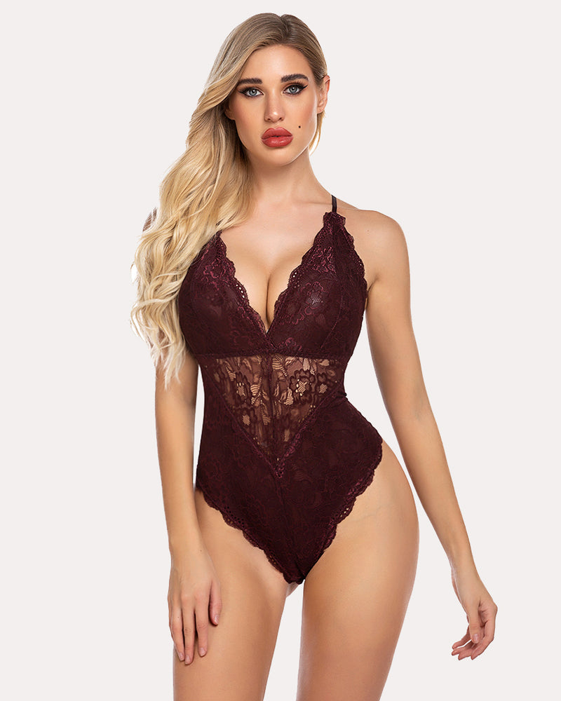 Burgundy plus size lace bodysuit with deep V-neck, snap crotch, Avidlove lingerie