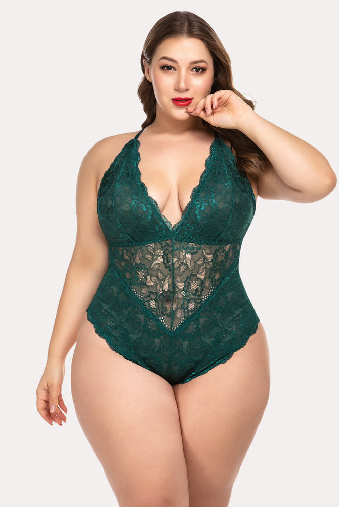 Emerald green lace bodysuit, deep V-neck, plus size lingerie. Sexy Avidlove lingerie for women