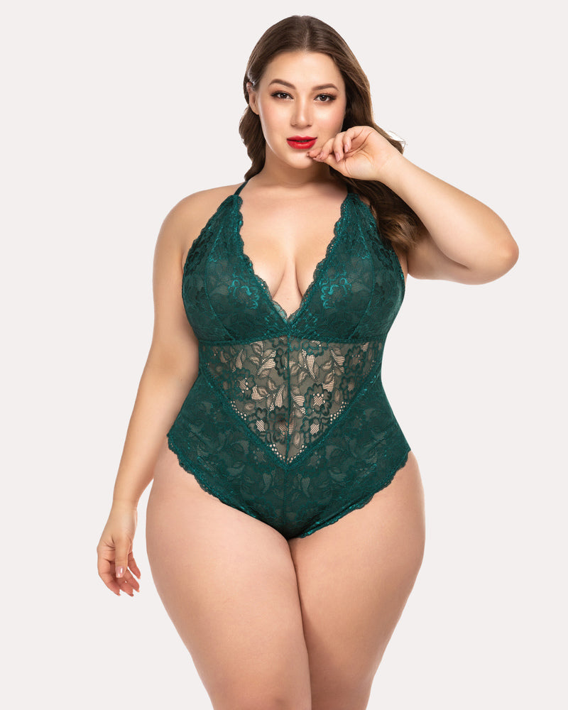 Emerald green lace bodysuit, deep V-neck, plus size lingerie. Sexy Avidlove lingerie for women
