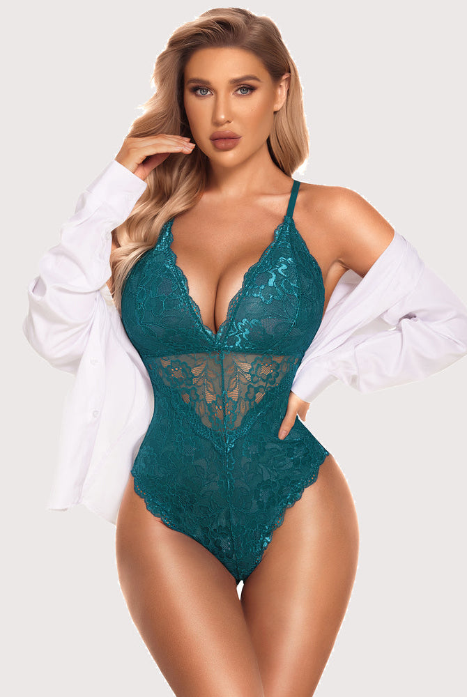 Teal lace bodysuit with deep V-neck and adjustable straps. Avidlove sexy lingerie for women.