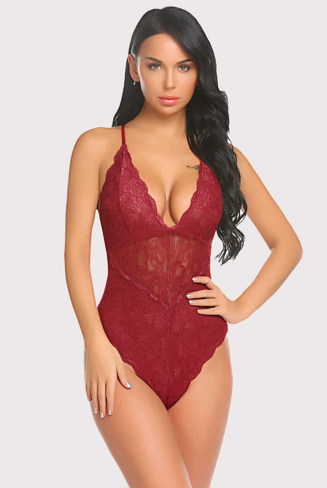 Burgundy lace bodysuit with deep V-neck and adjustable straps, Avidlove sexy lingerie.