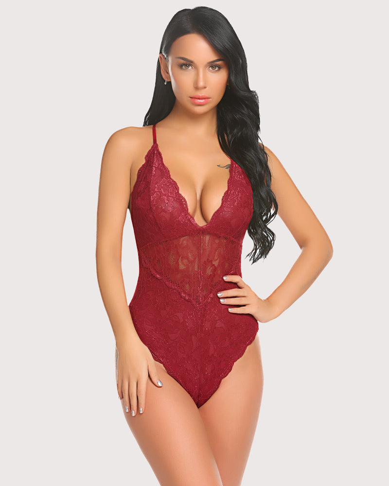 Burgundy lace bodysuit with deep V-neck and adjustable straps, Avidlove sexy lingerie.