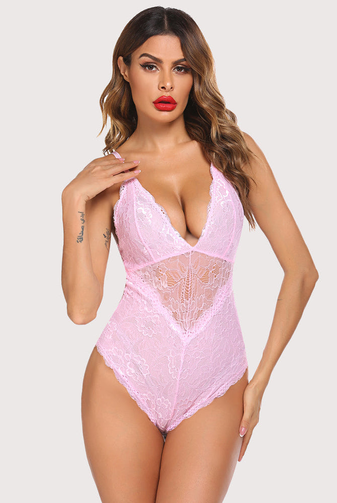 Pink lace Deep V Teddy Snap Crotch bodysuit. Sexy and elegant lingerie by Avidlove.