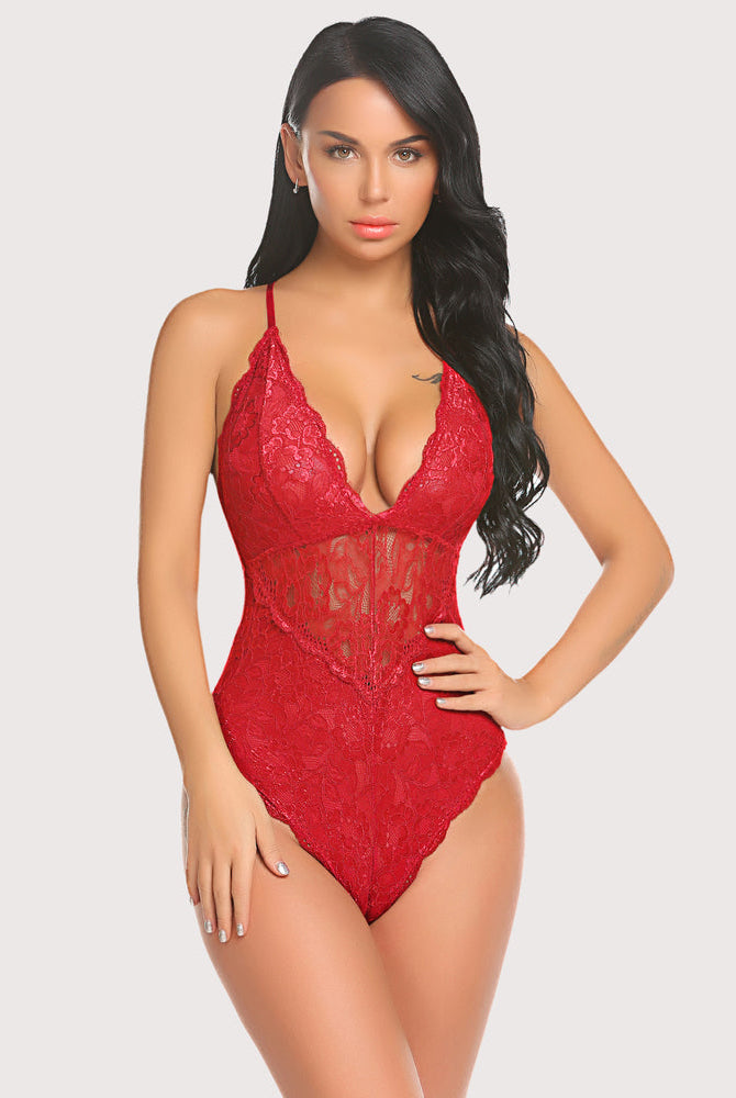 Red lace bodysuit with deep V-neck, adjustable straps, and snap crotch. Sexy lingerie for women.