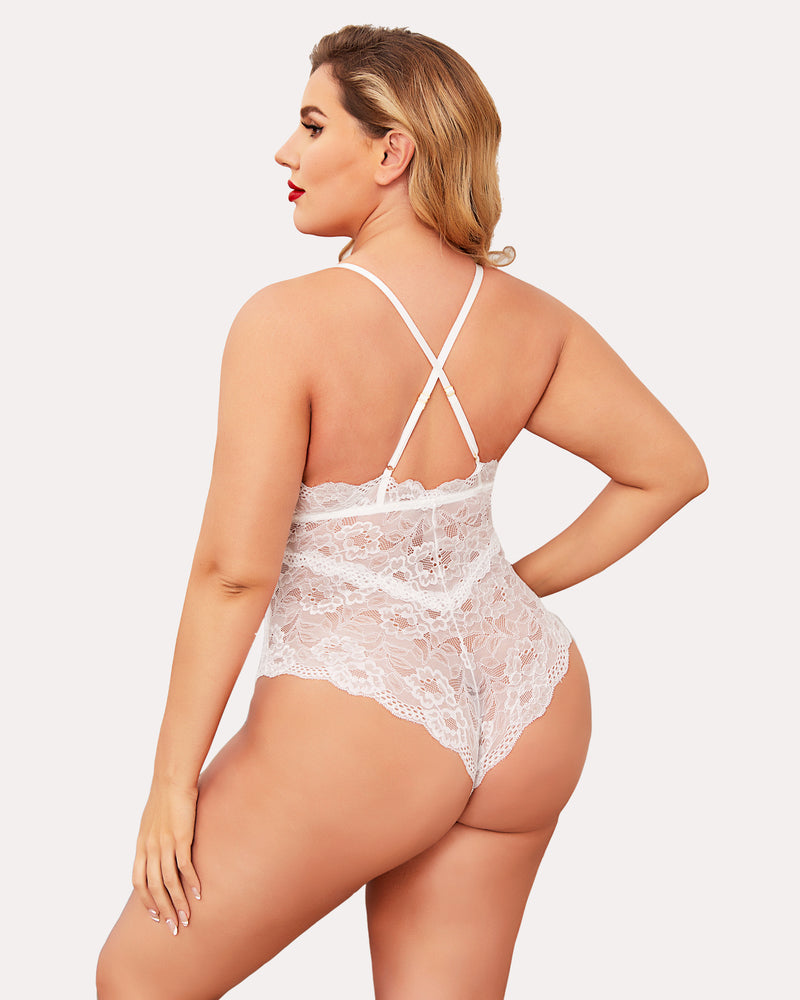 White lace bodysuit with deep V-neck and criss-cross straps. Plus size lingerie.