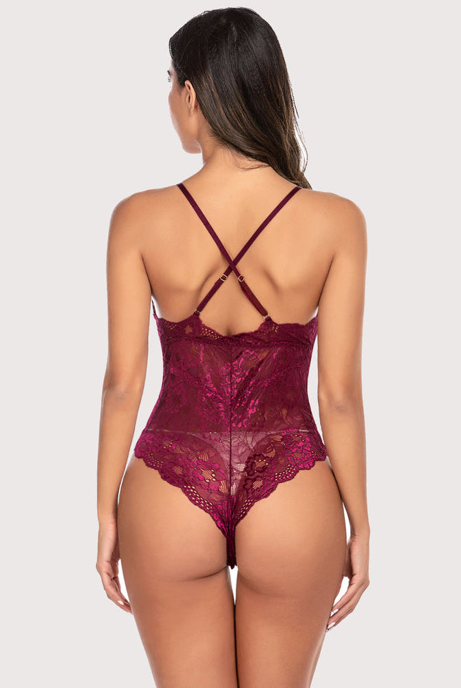 Burgundy lace Deep V teddy bodysuit with criss-cross straps and snap crotch