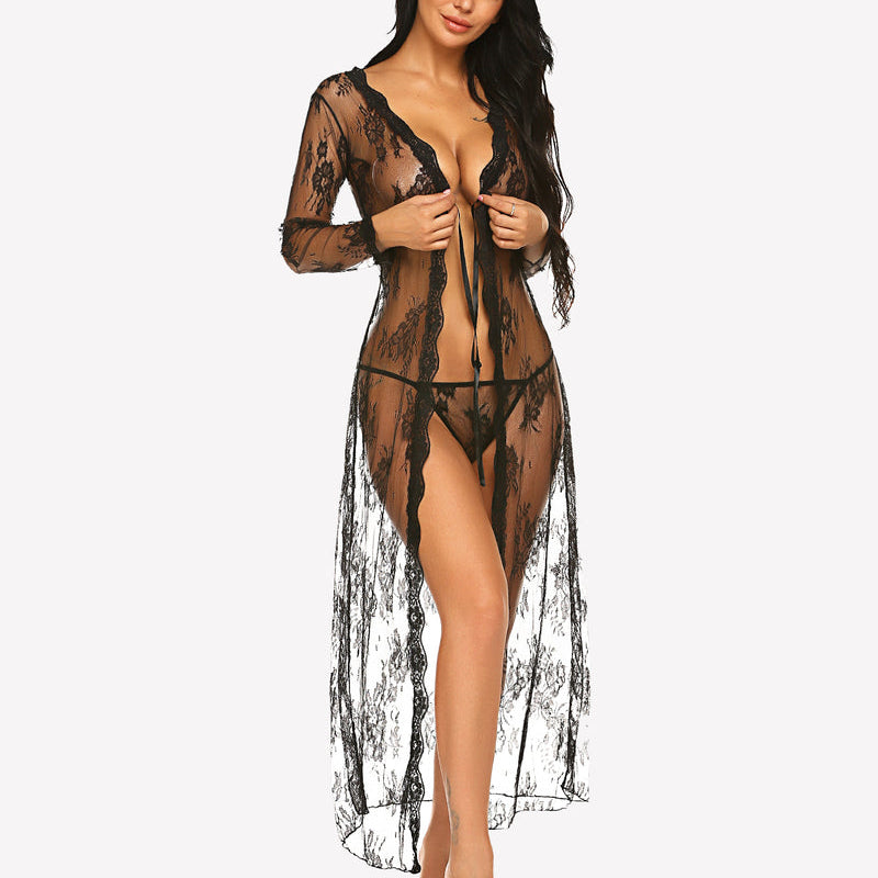Black lace bridal robe set featuring long sleeves and sheer material, perfect for a wedding night