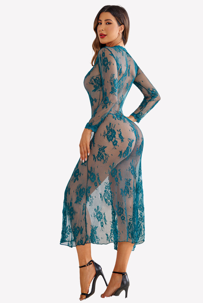 Teal lace bridal robe for wedding night with long sleeves and sheer design