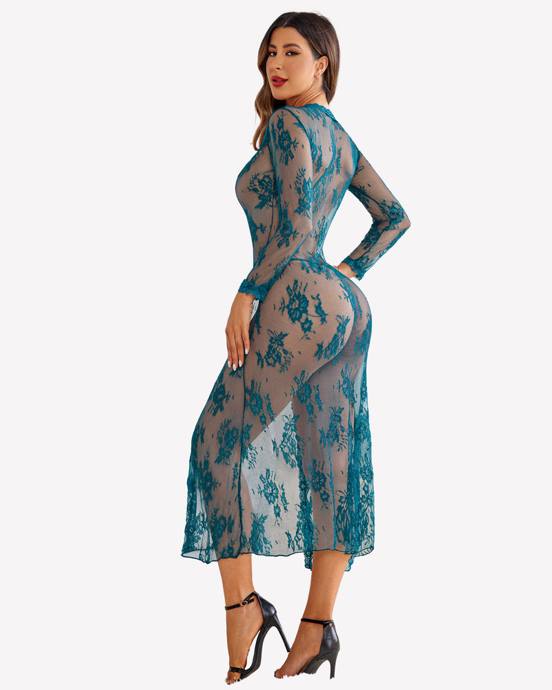 Teal lace bridal robe for wedding night with long sleeves and sheer design