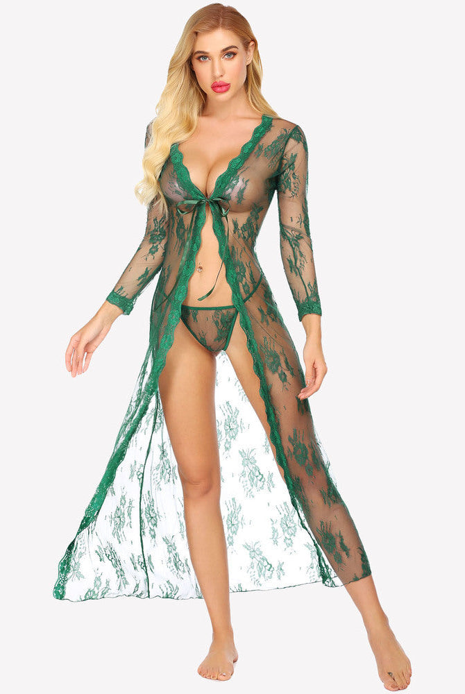 Emerald green sheer lace bridal robe set with long sleeves, flowy hem, for bridal lingerie
