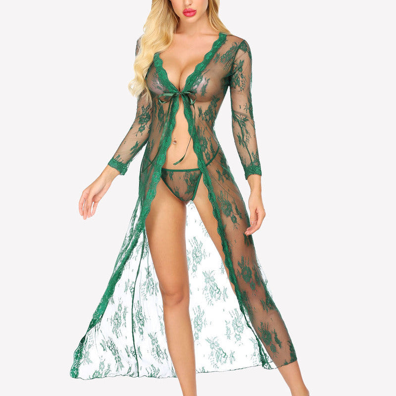 Emerald green sheer lace bridal robe set with long sleeves, flowy hem, for bridal lingerie