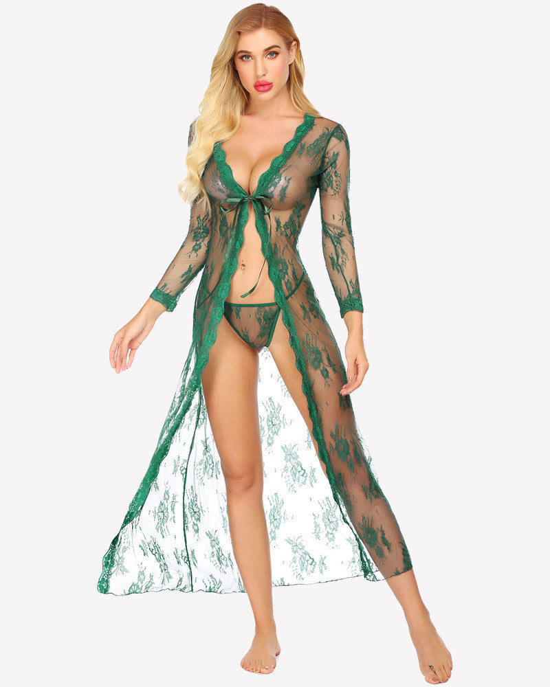 Emerald green sheer lace bridal robe set with long sleeves, flowy hem, for bridal lingerie