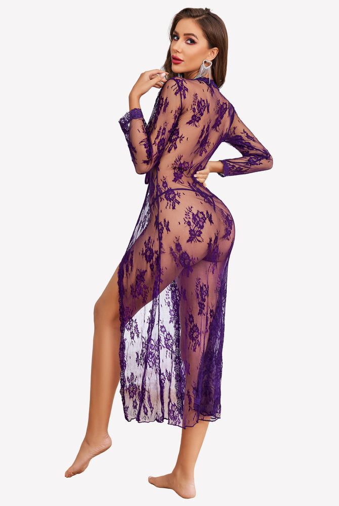 Purple lace bridal robe, long sleeves, and flowy hem, for wedding night lingerie, from Avidlove