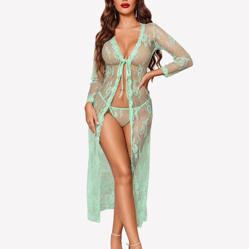 Mint green lace bridal robe set, sheer design, long sleeves, perfect for bridal night