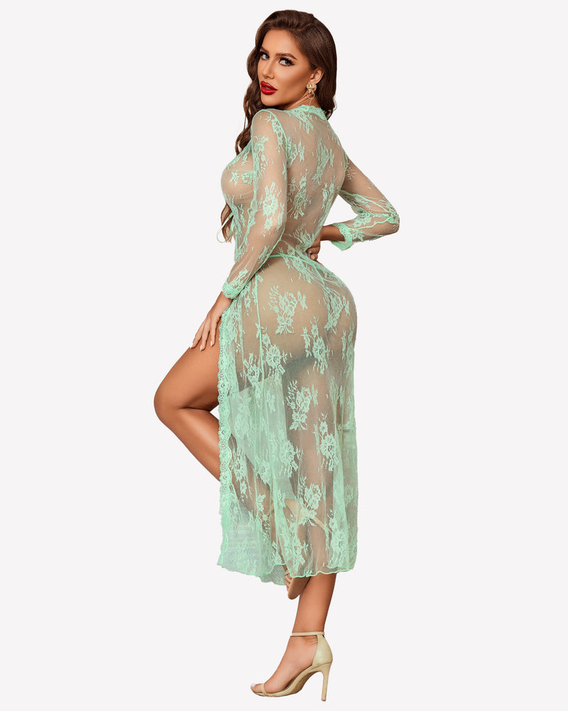 Mint green sheer lace bridal robe with long sleeves, flowing hemline, and bridal lingerie design