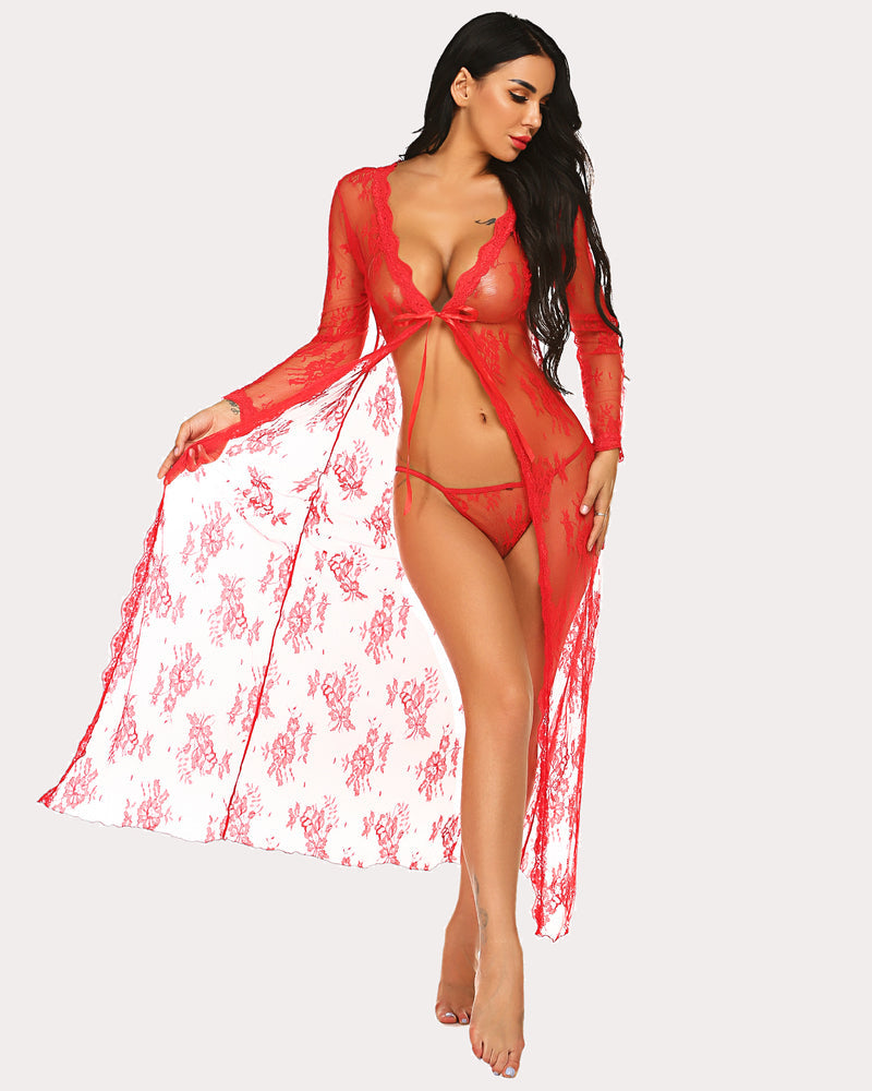 Red lace bridal robe set with long sleeves, sheer design, and matching G-string for wedding lingerie