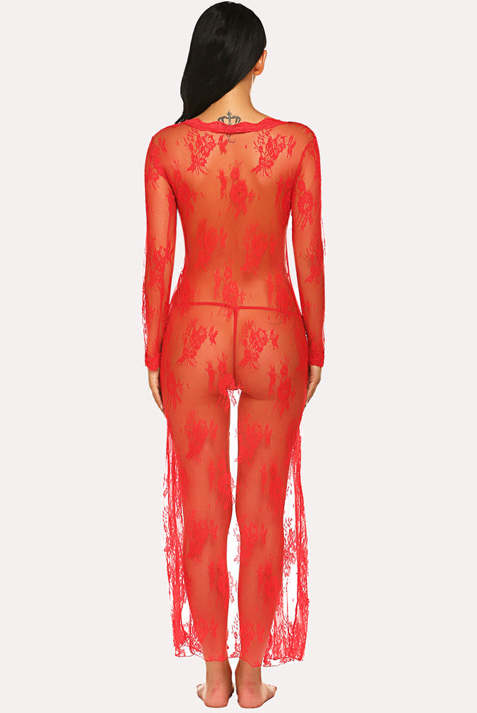 Red lace bridal robe for wedding lingerie, featuring long sleeves, sheer design, and flowy hemline.