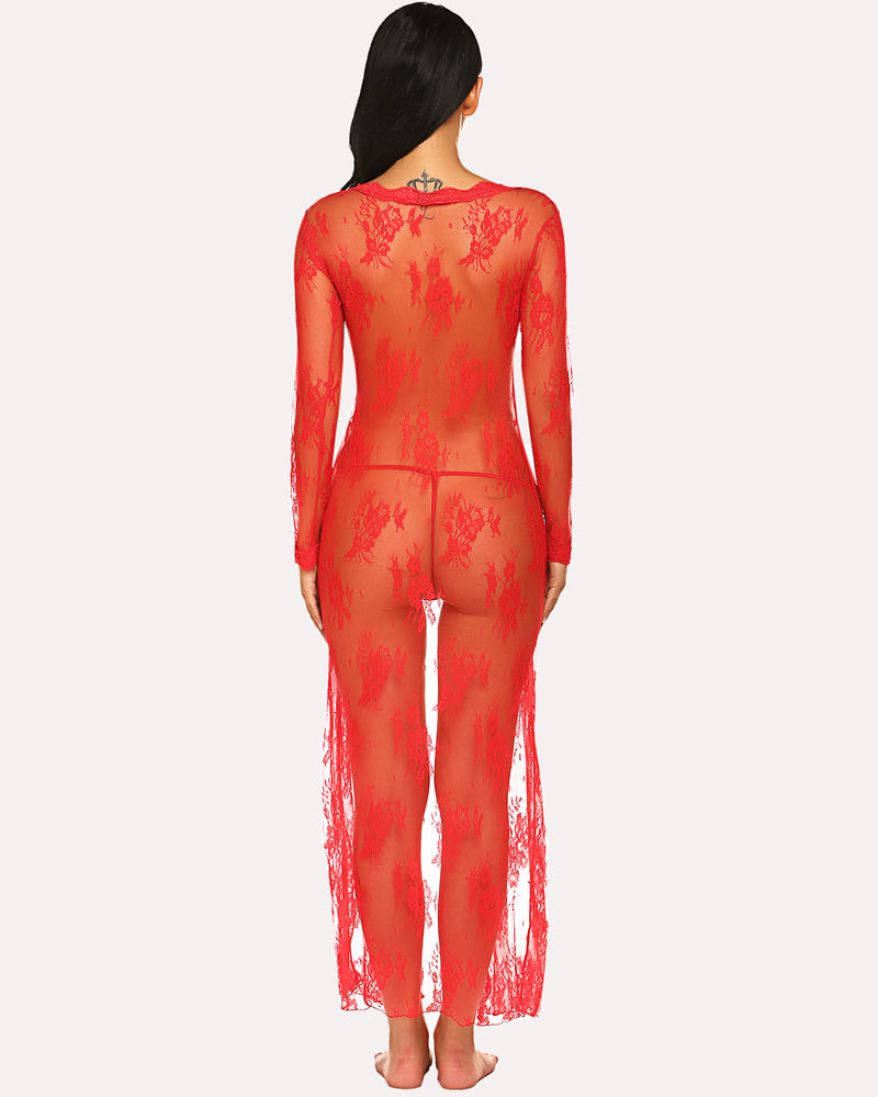 Red lace bridal robe for wedding lingerie, featuring long sleeves, sheer design, and flowy hemline.
