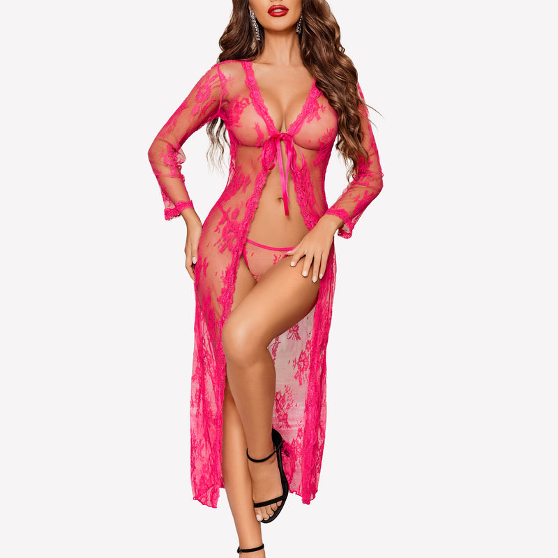 Fuchsia lace bridal robe set with long sleeves and sheer design for bridal night lingerie