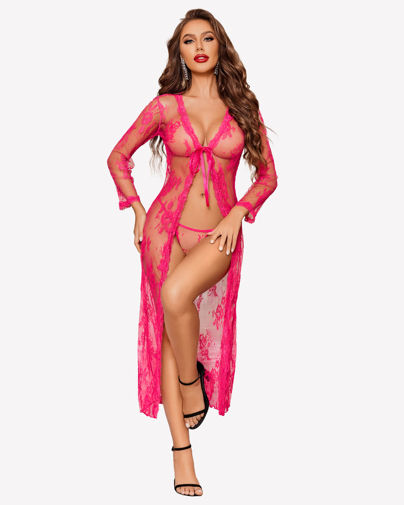Fuchsia lace bridal robe set with long sleeves and sheer design for bridal night lingerie