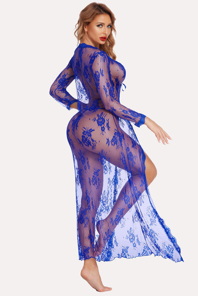 Blue lace bridal robe with long sleeves and sheer design, perfect for bridal night lingerie