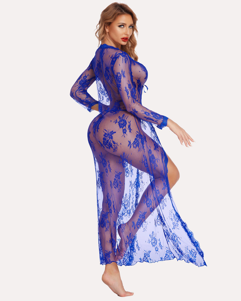 Blue lace bridal robe with long sleeves and sheer design, perfect for bridal night lingerie
