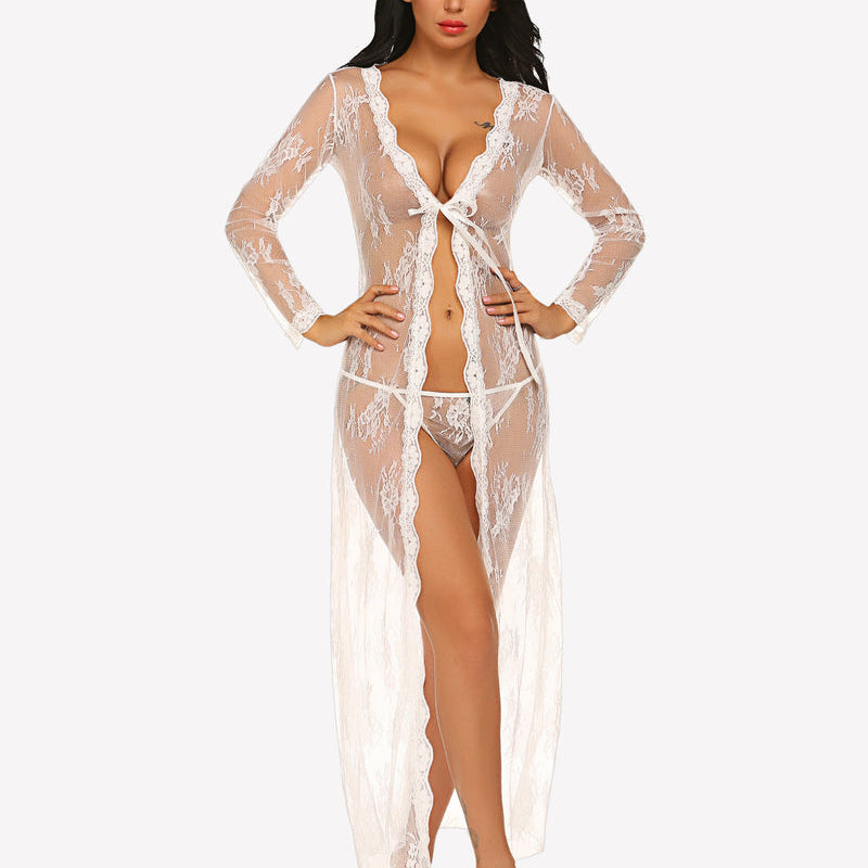 White lace bridal robe set with long sleeves, sheer design, and flowy hemline for wedding lingerie