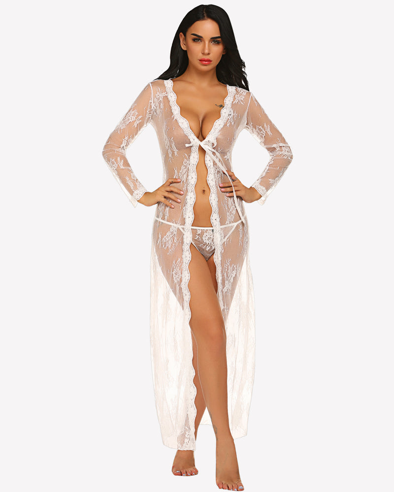 White lace bridal robe set with long sleeves, sheer design, and flowy hemline for wedding lingerie