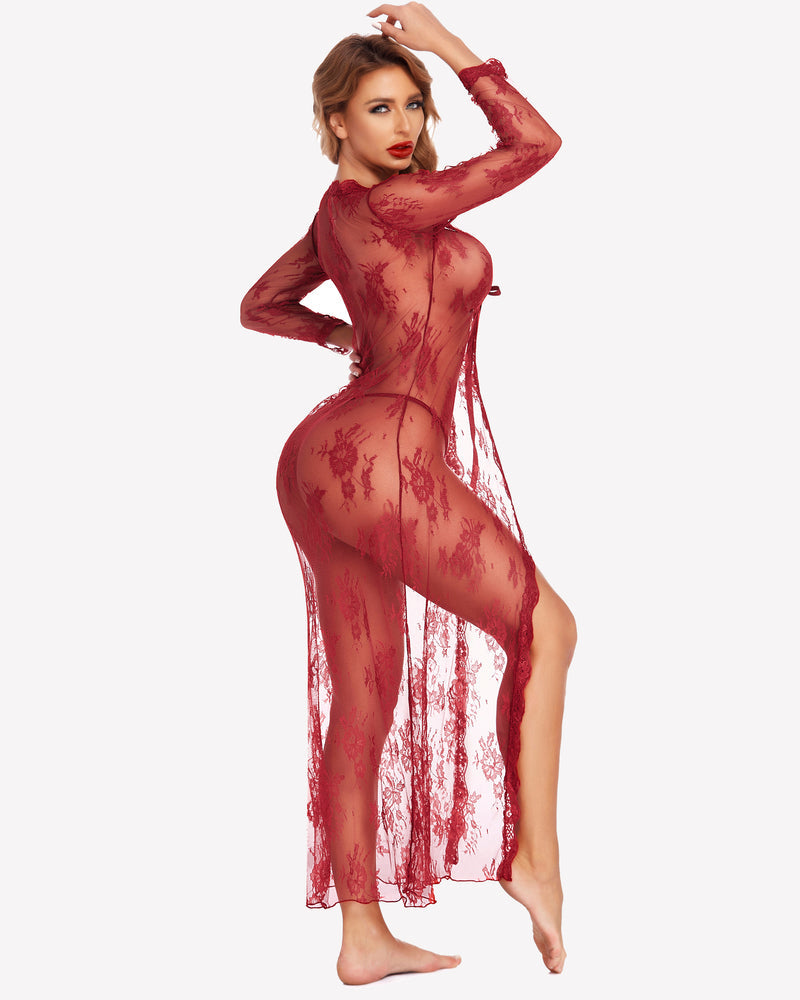 Burgundy lace bridal robe featuring long sleeves and a flowy hem, perfect for wedding night lingerie