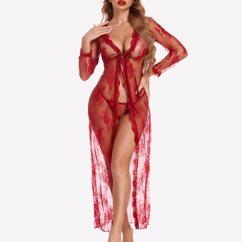 Red lace bridal robe set with long sleeves and flowy hem, perfect wedding night lingerie