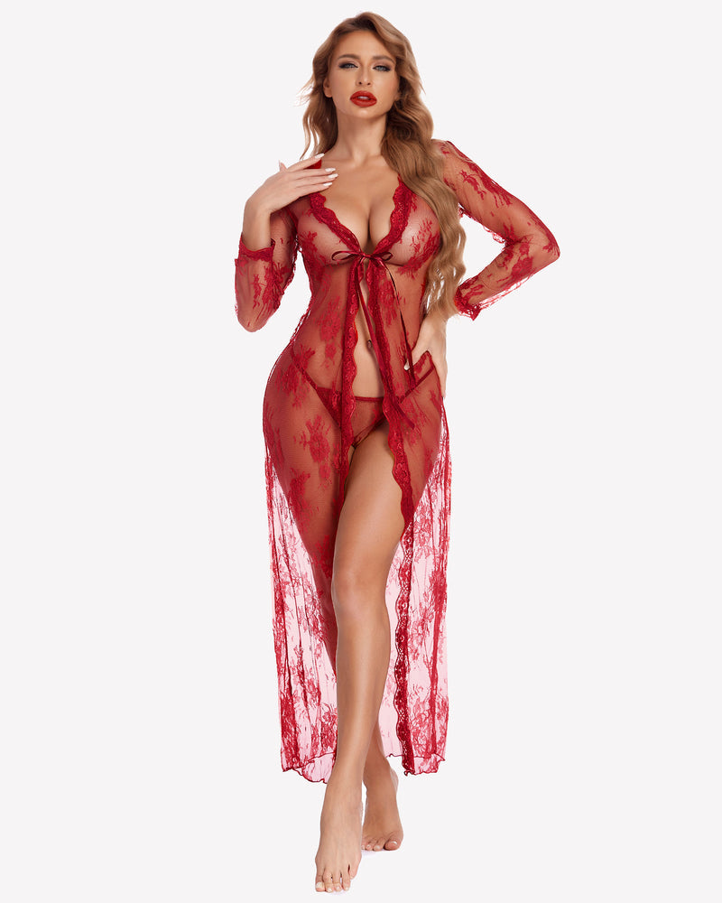 Red lace bridal robe set with long sleeves and flowy hem, perfect wedding night lingerie
