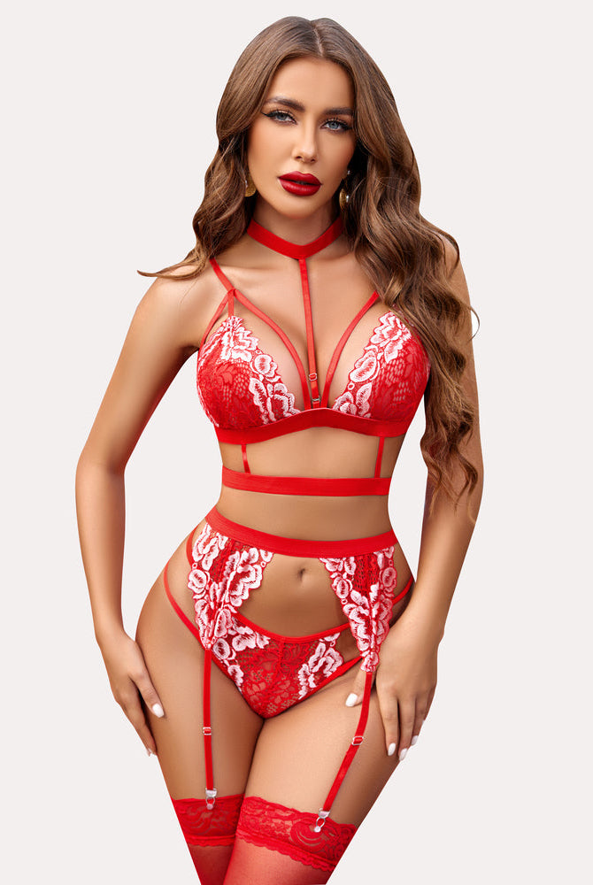 Red lace lingerie set with strappy bra, floral lace, garter belt, and choker, sexy lingerie