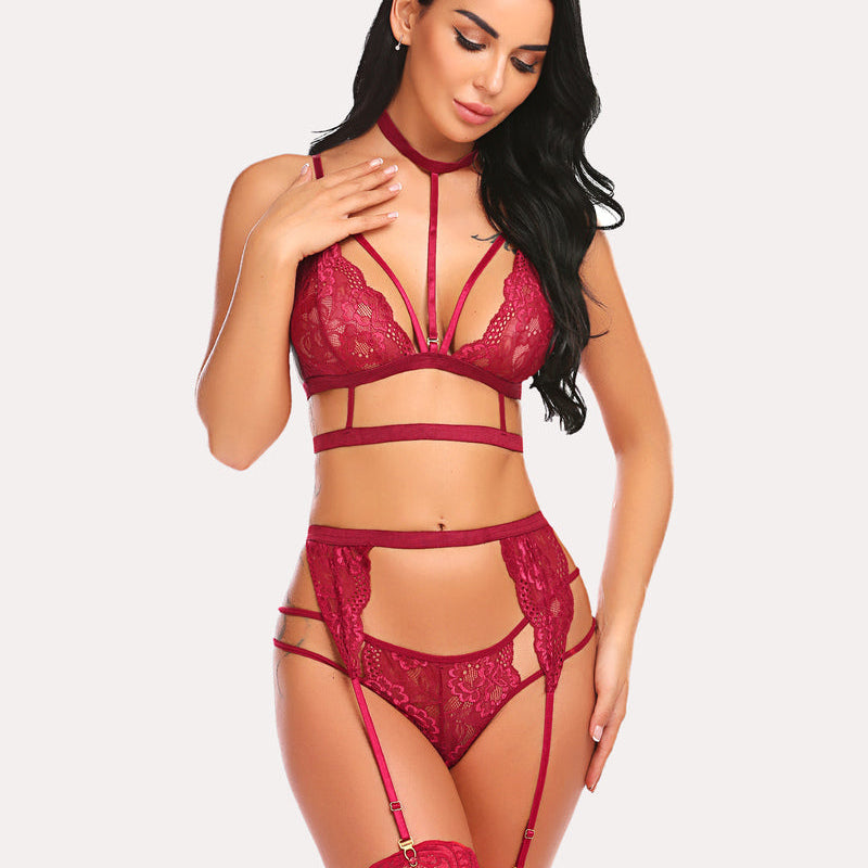 Burgundy lace garter set with strappy bra, choker, panty, and stockings. Sexy lingerie.