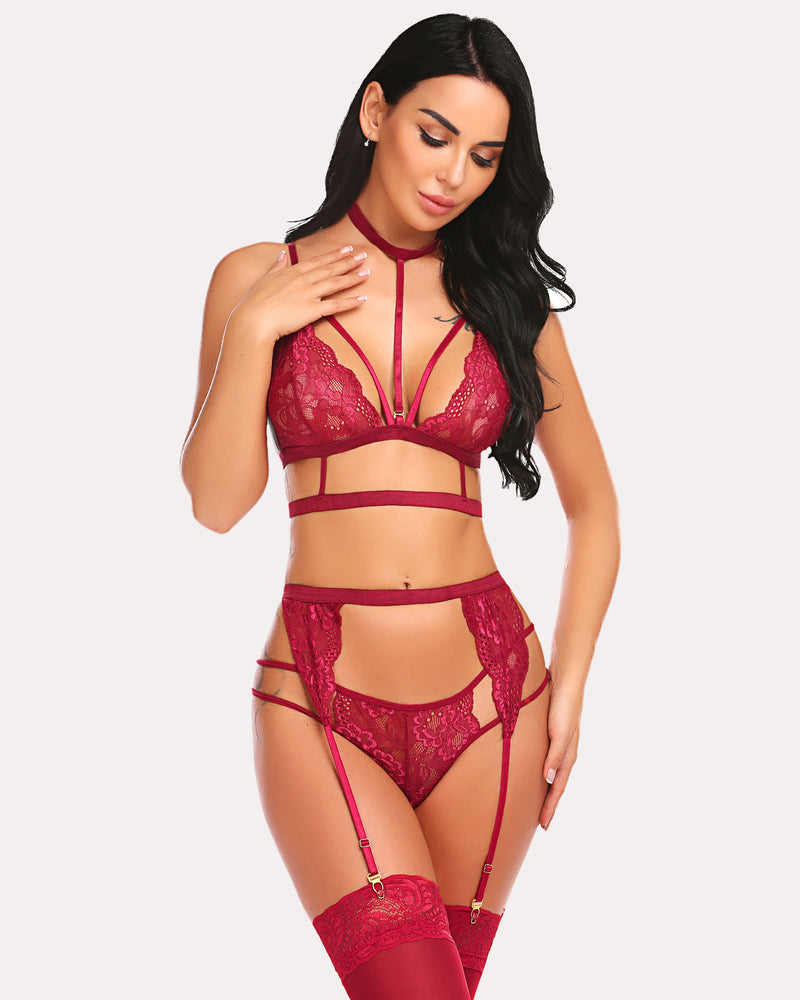 Burgundy lace garter set with strappy bra, choker, panty, and stockings. Sexy lingerie.