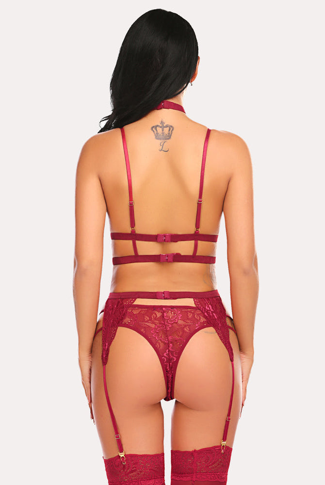 Burgundy lace garter set with strappy bra, choker, panty, stockings. Sexy lingerie for women.