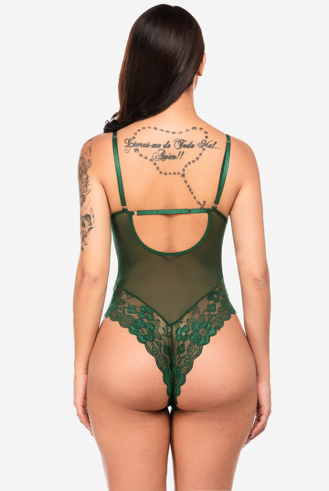 Green lace teddy bodysuit with adjustable straps, floral lace detail, Avidlove lingerie.