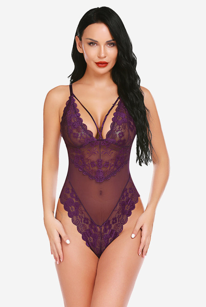 Purple floral lace bodysuit, plunging neckline, adjustable straps. Sexy lingerie for women.