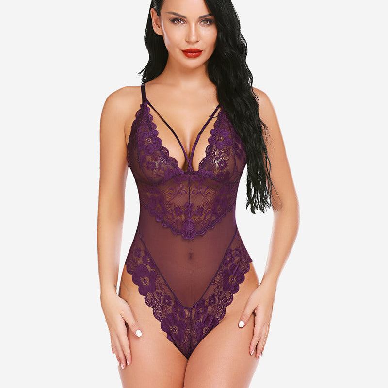 Purple floral lace bodysuit, plunging neckline, adjustable straps. Sexy lingerie for women.