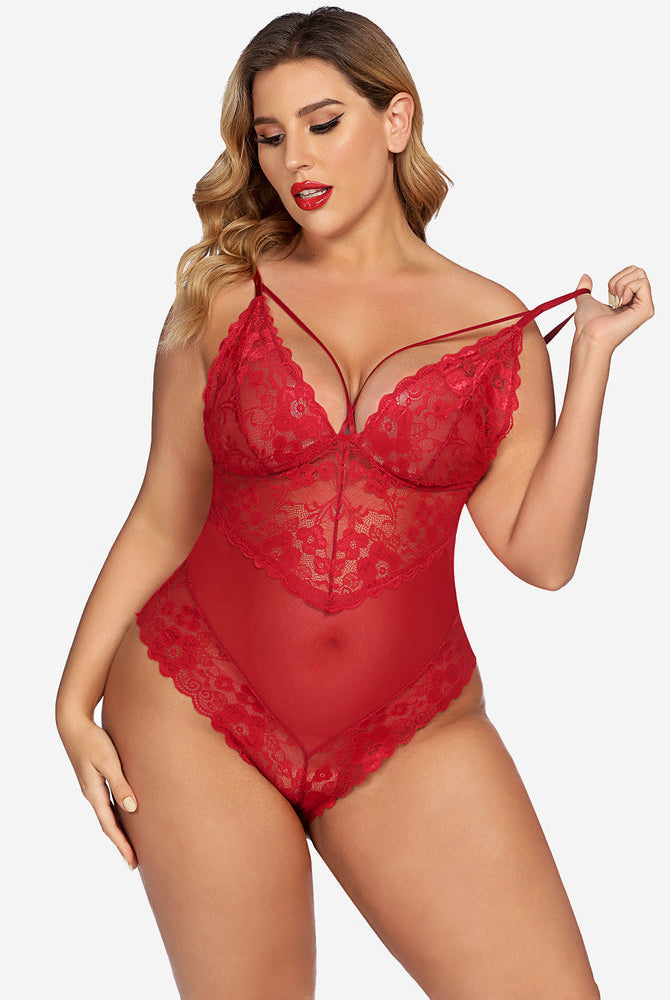 Red lace bodysuit with floral details, adjustable straps and plunging neckline. Sexy lingerie.