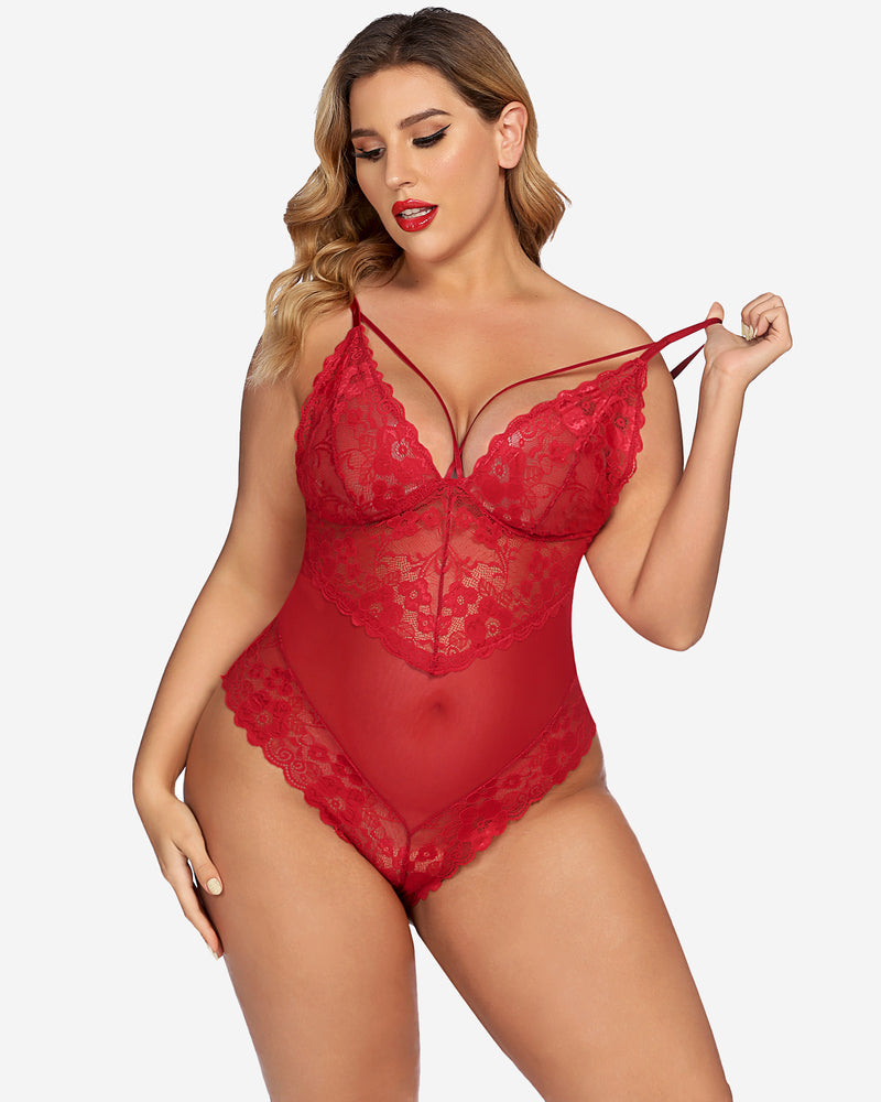 Plus size red lace bodysuit with floral lace, adjustable straps and snap crotch.