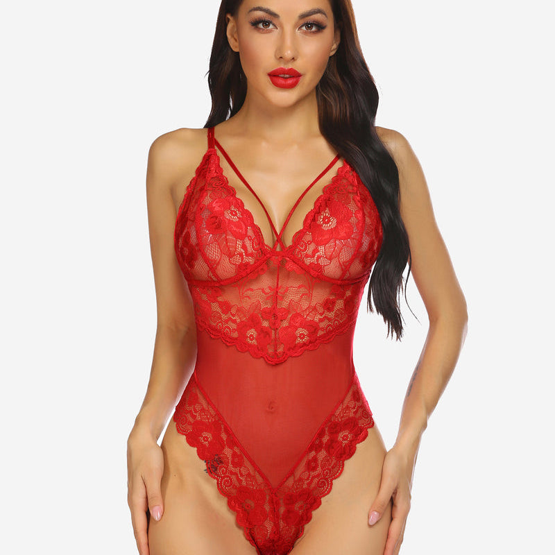 Red lace bodysuit, plunging neckline, floral lace detail. Sexy lingerie with adjustable straps