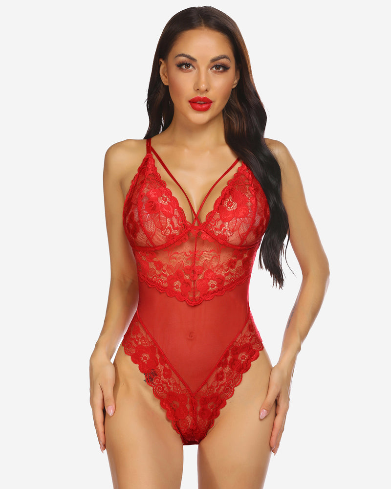 Red lace bodysuit, plunging neckline, floral lace detail. Sexy lingerie with adjustable straps