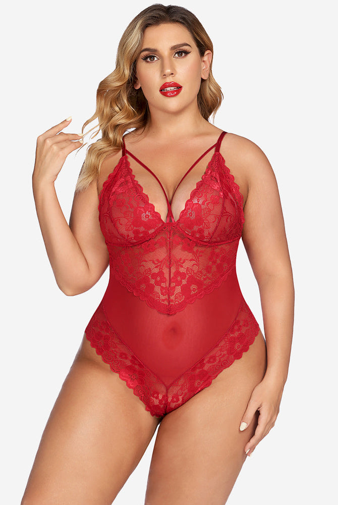 Red lace plus size bodysuit with snap crotch, showing confidence and style.