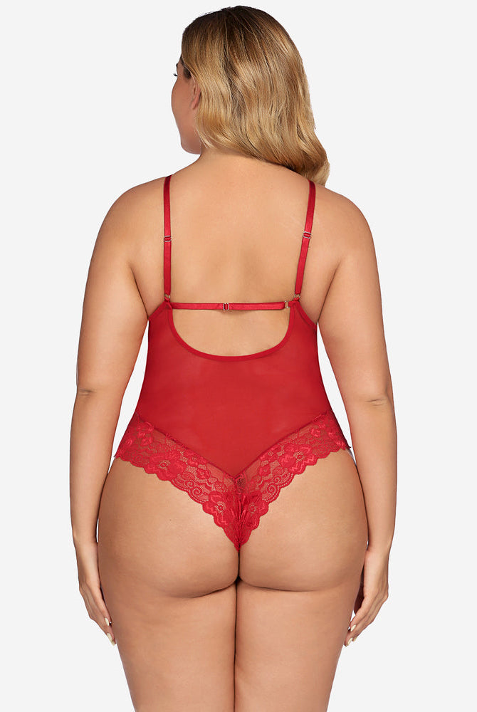 Plus size red lace bodysuit with snap crotch, showing back view and floral lace detail