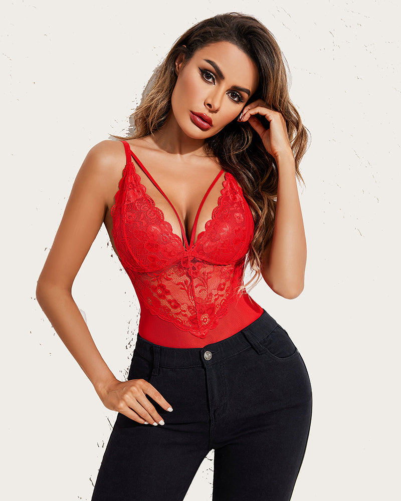 Red lace bodysuit with floral lace, snap crotch, adjustable straps for confident style.