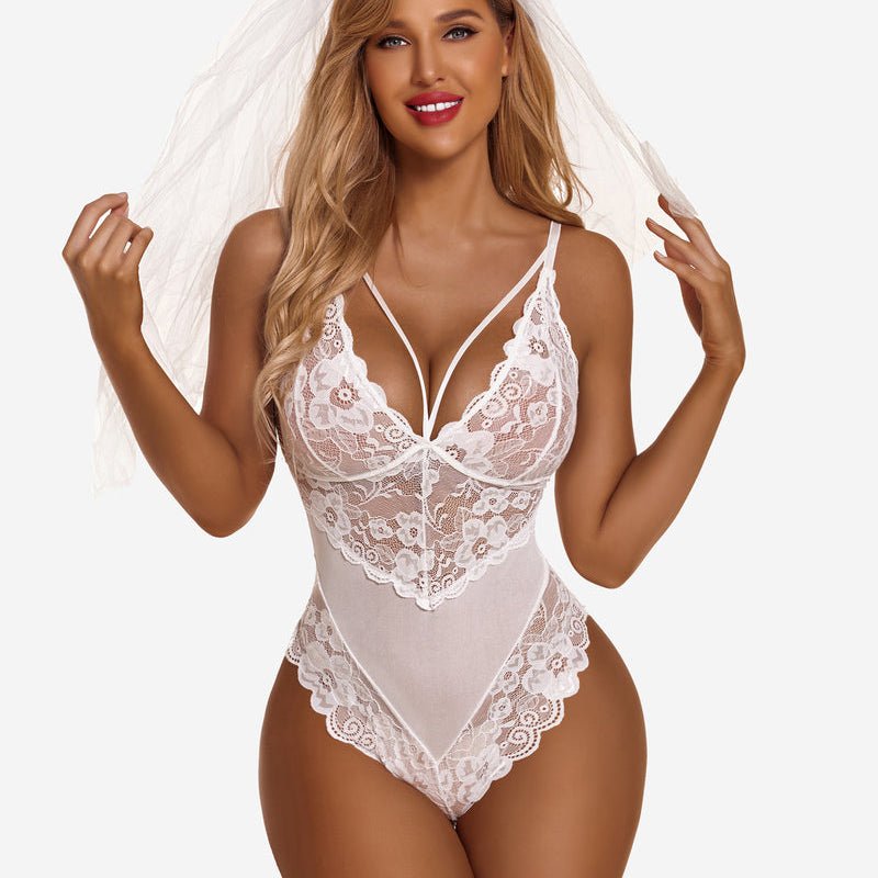 White floral lace bodysuit with veil. Adjustable straps and snap crotch for a confident bridal look.
