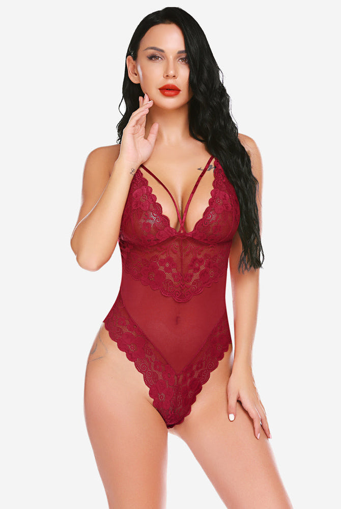 Burgundy floral lace one-piece bodysuit. Adjustable straps and plunging neckline. Sexy lingerie.