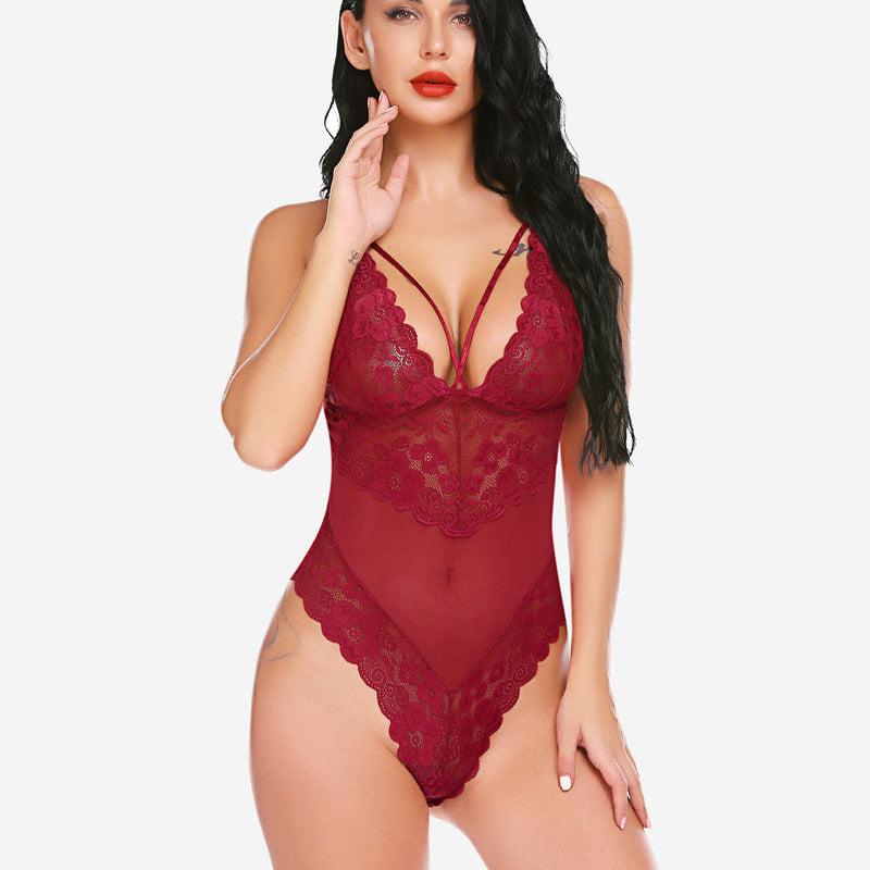 Burgundy Avidlove lace teddy bodysuit with adjustable straps and snap crotch on a model