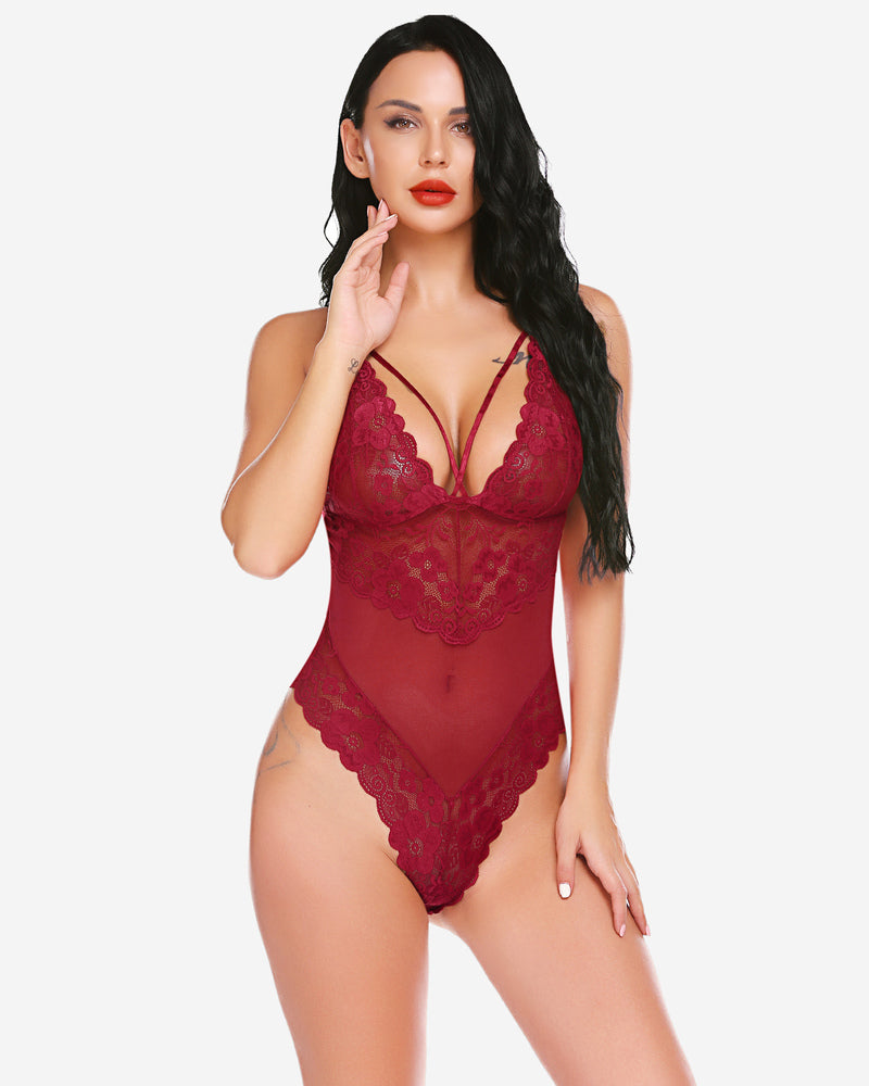 Burgundy Avidlove lace teddy bodysuit with adjustable straps and snap crotch on a model
